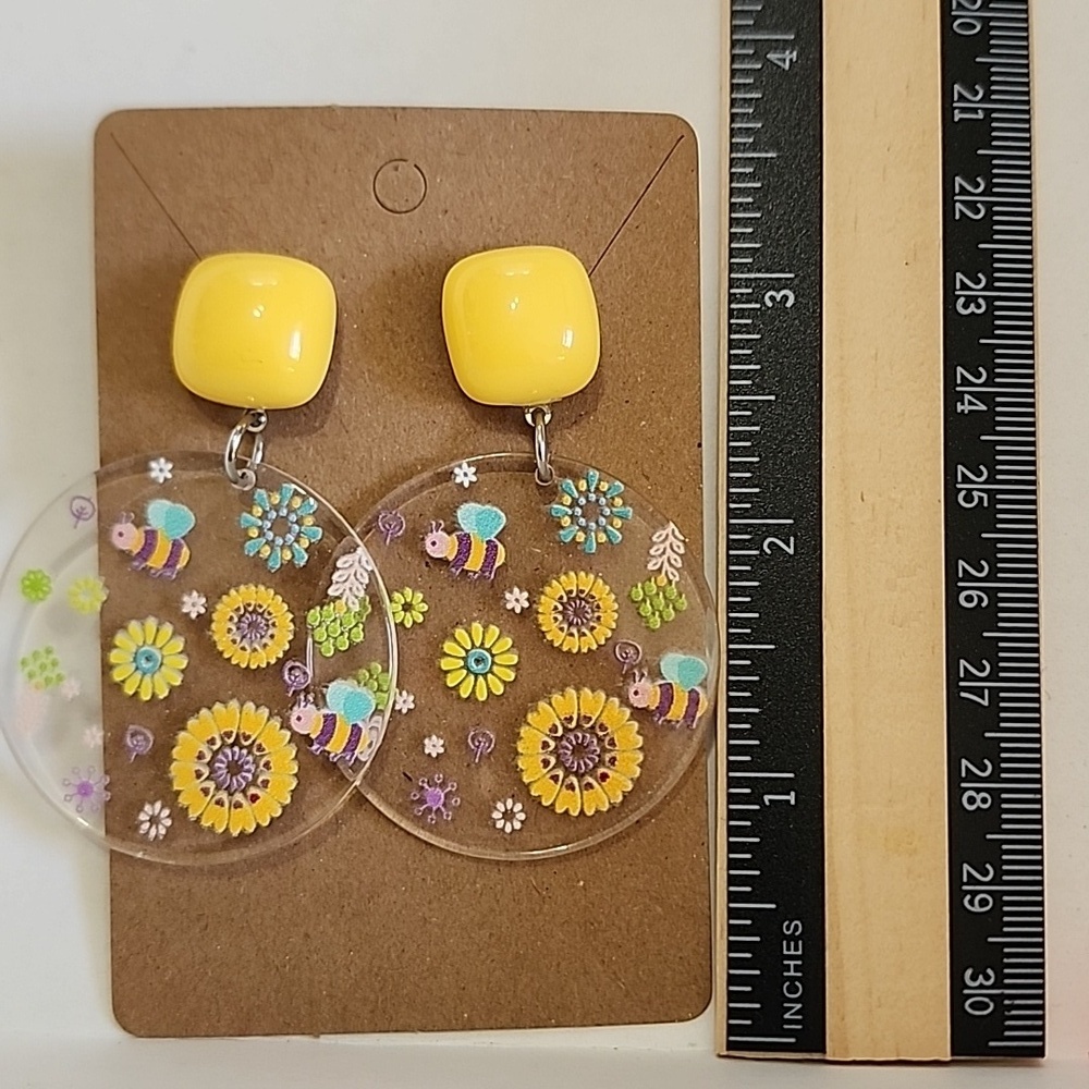 Yellow Floral Bee Acrylic Pendant Earrings - Picture 7 of 7